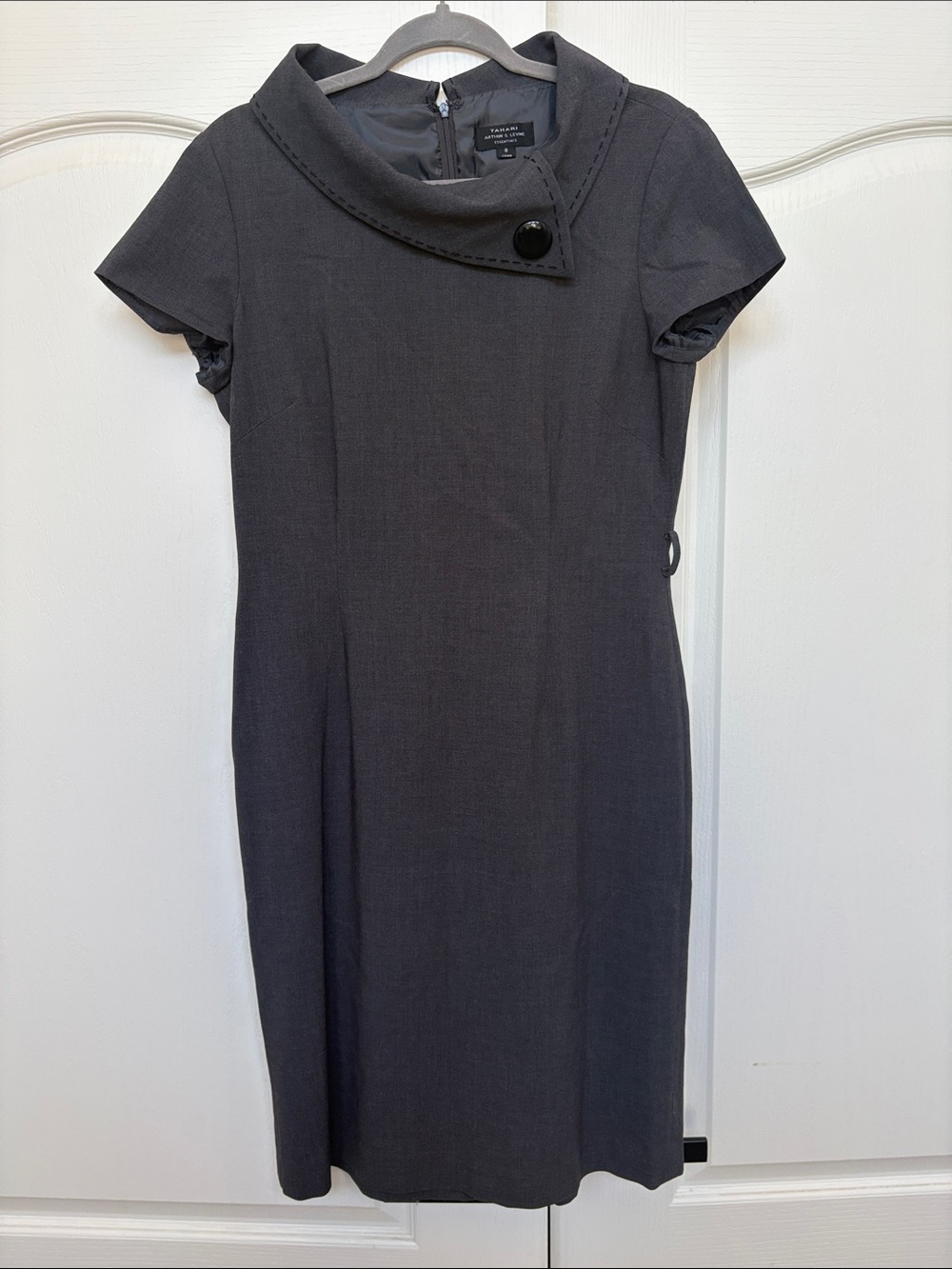 Tahari Charcoal Gray Short Sleeve Midi Sheath Dress